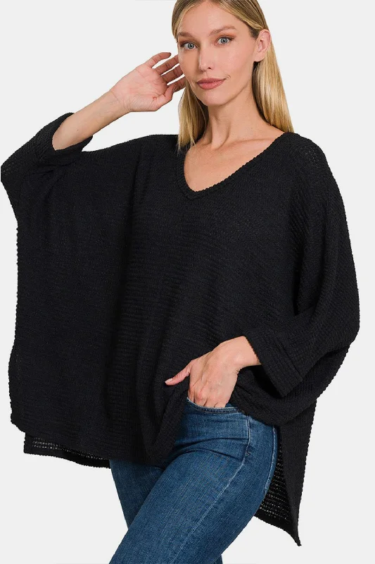 Festival Fashion Full Size Waffle Knit V-Neck Long Sleeve Slit Top