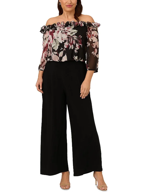 Feminine Flow Plus Womens Chiffon Off-The-Shoulder Jumpsuit