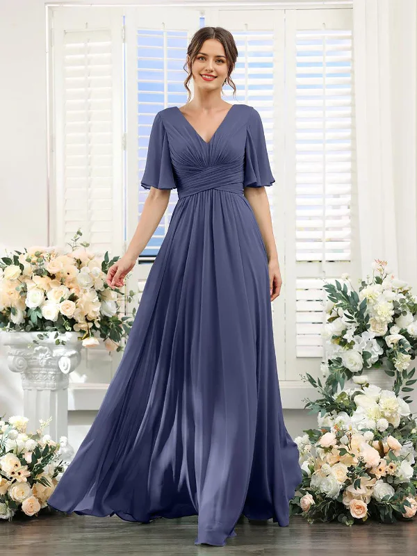 Bold Fashion DingJiDress A-Line Bridesmaid Dress V-Neck Sleeve for Wedding Guest Long Formal Party Dresses with Slit