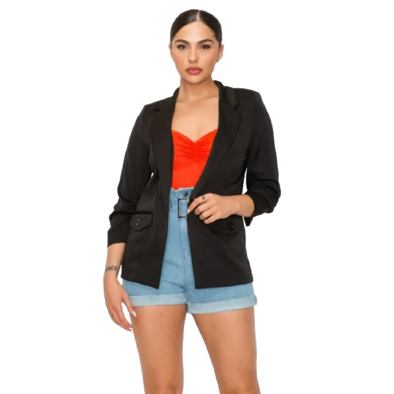 Beat The Heat In Tropical Styles Ruched Sleeves Solid Blazer