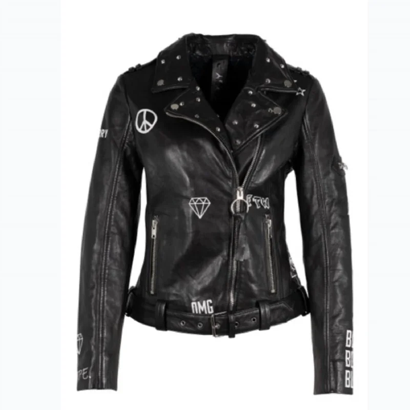 Discounts On Casual Weekend Styles Women's Tavi Leather Graffiti Biker Jacket In Black