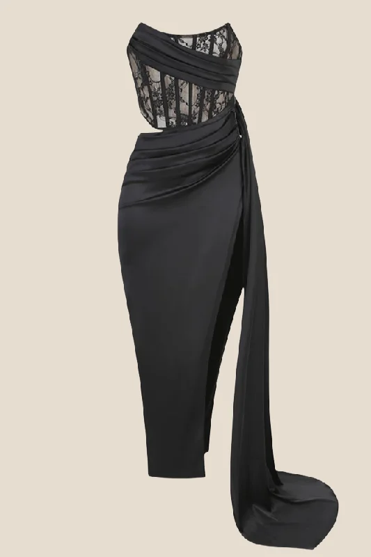 Feminine Elegance Strapless Black Lace Ruched Long Dress with Slit