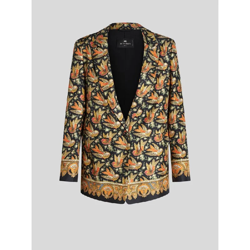 Luxe Layering Twill Jacket With Printed Birds