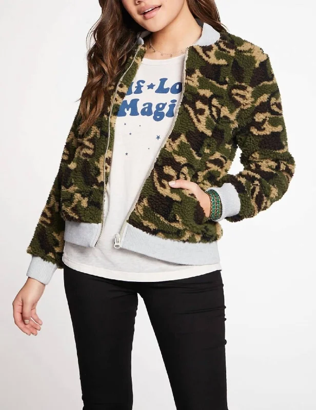 Exclusive Sale Faux Fur Bomber Jacket In Camo