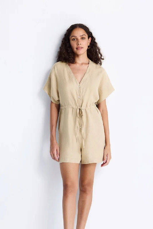 Trendy Styles V neck Drawstring Romper in Neutral Beige