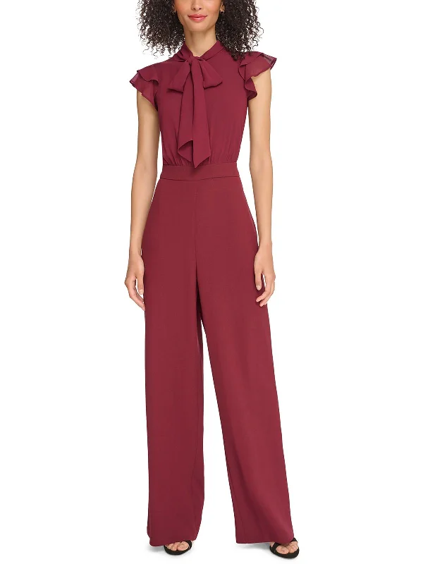 Timeless Classics Petites Womens Tie Neck Flutter Sleeve Jumpsuit