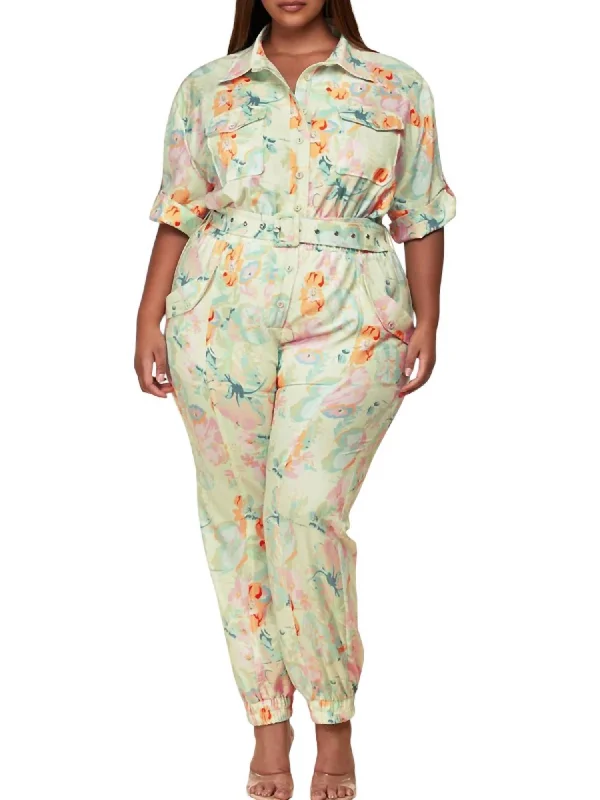 Last Chance Sale Belted Cargo Jumpsuit In Floral