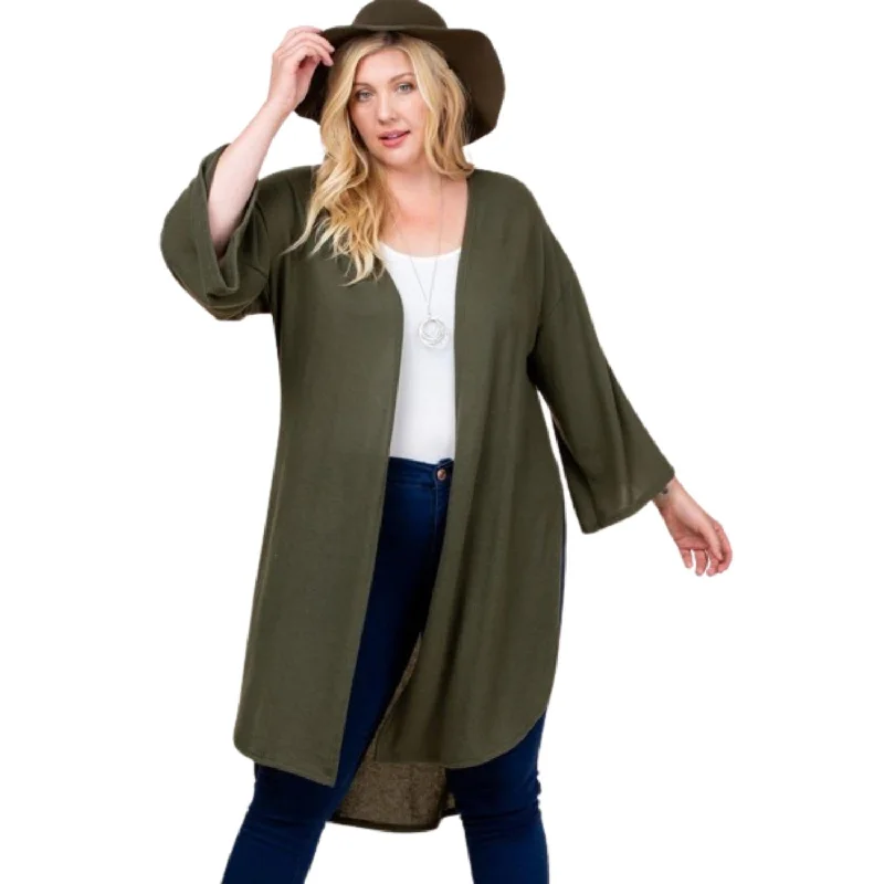 Disco - Inspired Retro Dance Look Plus Size Solid Hacci Brush Open Front Long Cardigan With Bell Sleeves