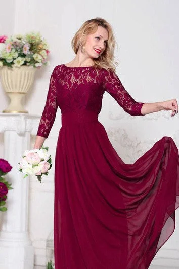 Trendy Street Style Attire Bateau Lace Illusion 3-4 Sleeve A-line Pleated Chiffon Floor Length Dress