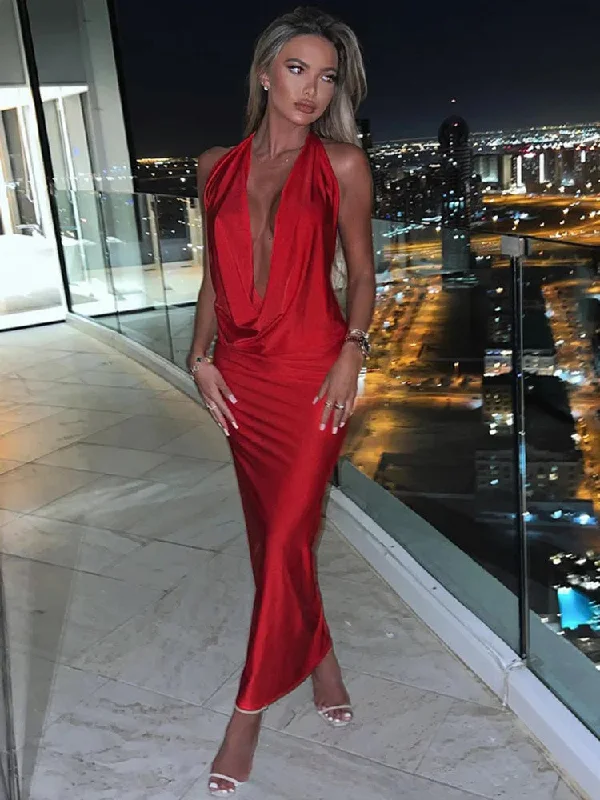 Elevate Your Wardrobe Satin Deep V Neck Sleeveless Maxi Christmas Party Dress