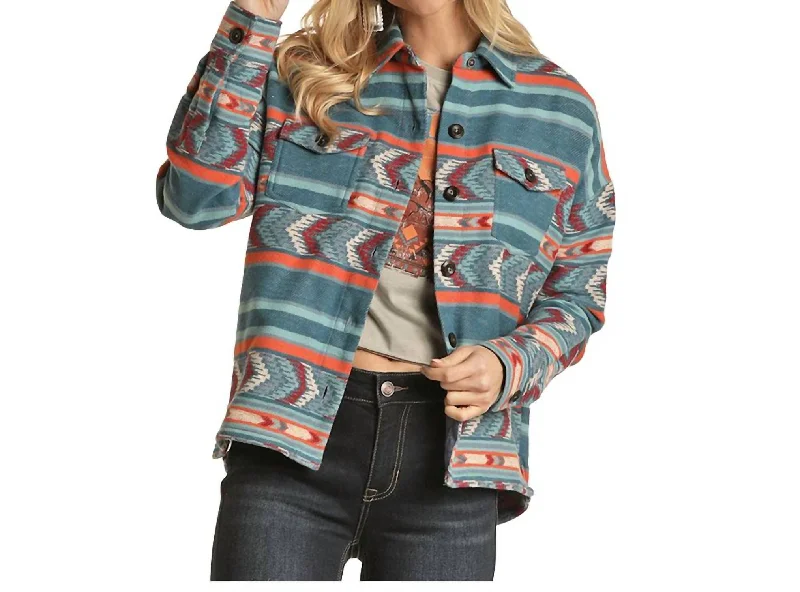 Seasonal Sale Women's Shacket Shirt Jacket In Blue Coral Burgundy Print