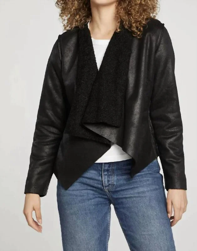 Minimalist Style Faux Suede Shearling Reversible Ls Waterfall Neck Jacket In True Black