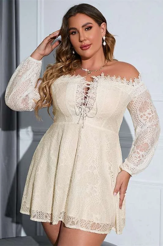 Exclusive Discount Plus Size Off-White Lace Off-the-Shoulder Long Sleeve Party Dress