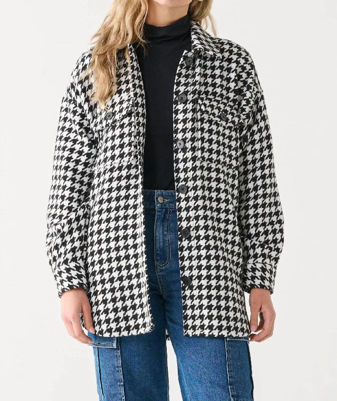 Sporty Streetwear Houndstooth Button-Up Shacket In Black/white