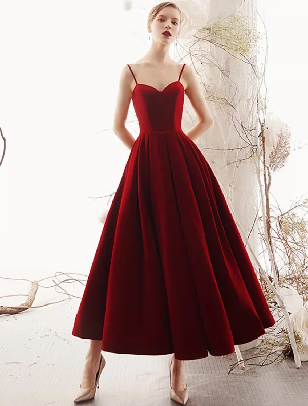 Summer Fashion A-Line Prom Dresses Beautiful Back Dress Party Wear Ankle Length Sleeveless Spaghetti Strap Velvet with Sleek Pleats