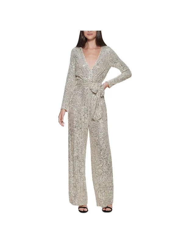 Ends Soon Petites Womens Sequined Surplice Jumpsuit