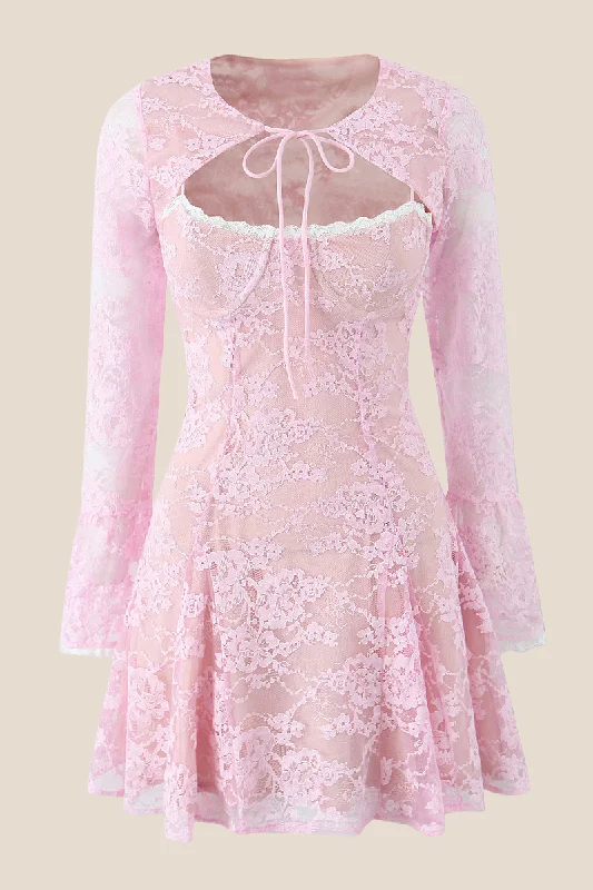 Casual Chic Tie Up Long Sleeve Pink Lace Matching Set