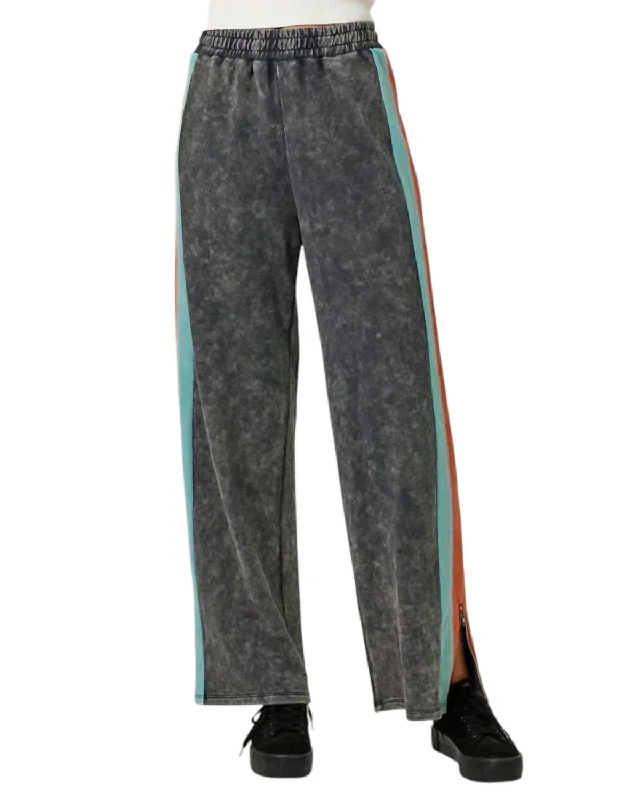 Trendy Fashion For Women Washed Color Block Terry Pants In Washed Navy