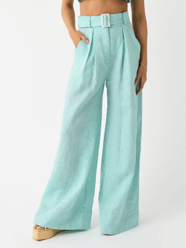 Dive Into Trendy Styles Wide Leg Pleated Pant In Seafoam Melange Linen