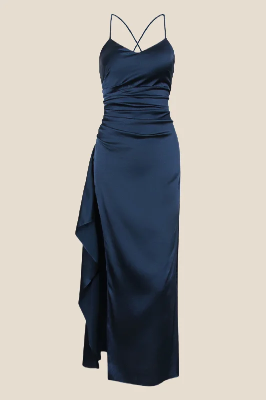 Seasonal Trends Straps Navy Blue Ruched Long Dress with Slit