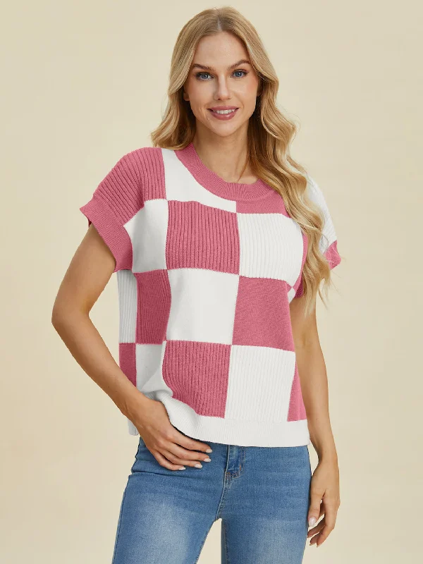 Fashion Deal Full Size Checkered Round Neck Short Sleeve Sweater