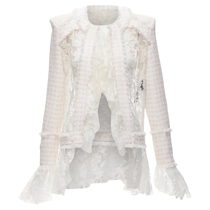 Alluring Design Balmain spencer tweed sheer lace ruffle blazer jacket