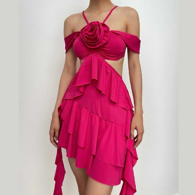 Best Seller BerryBetty - Ruffle solid hollow out flower applique sleeveless irregular mini dress