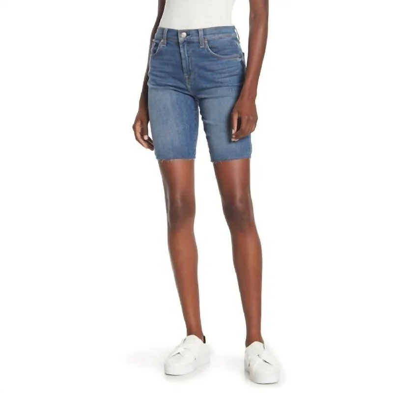 Mega Sale High Rise Raw Hem Bermuda Denim Short In Blue