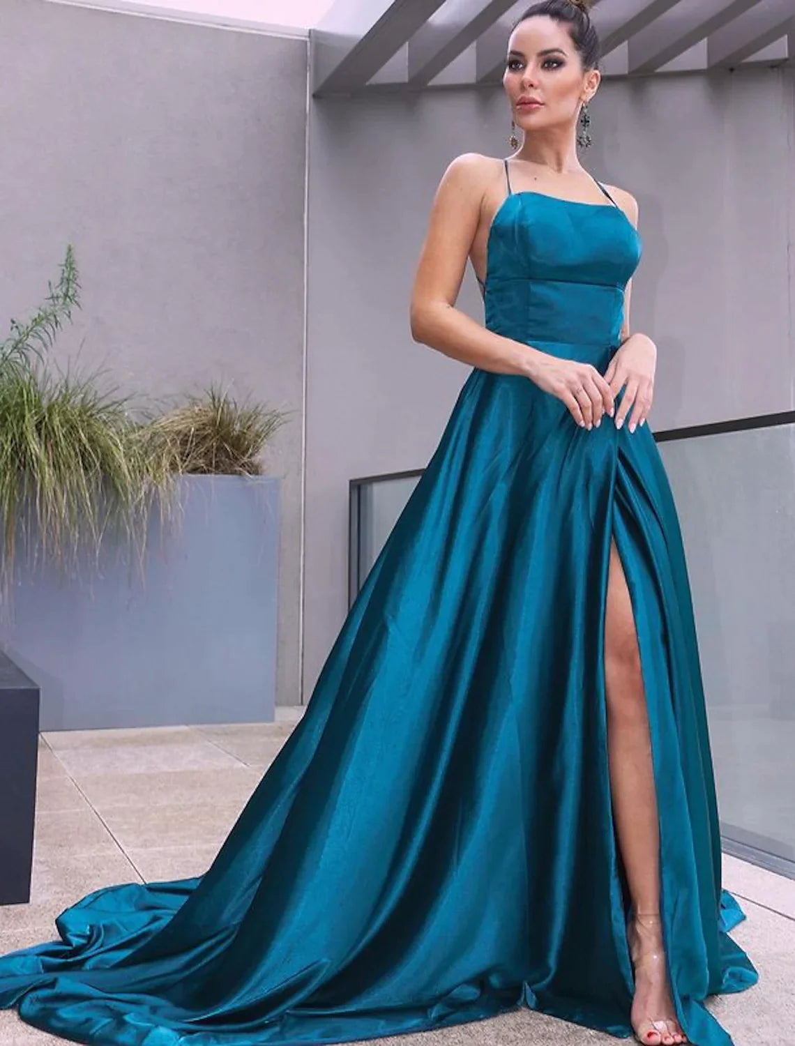 Fashion Forward Prom Dresses Party Sleeveless Strap Satin with Slit