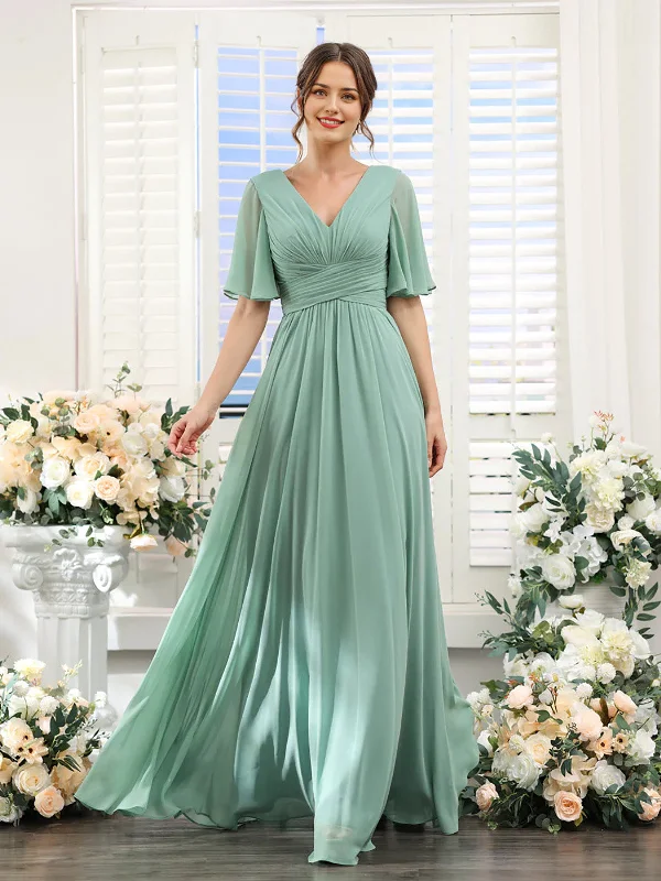 Everyday Wear DingJiDress A-Line Bridesmaid Dress V-Neck Sleeve for Wedding Guest Long Formal Party Dresses with Slit