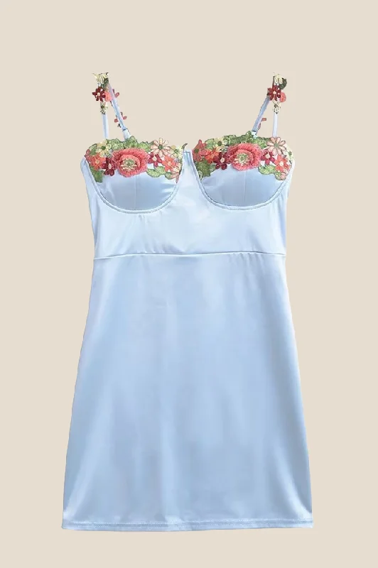 Stylish Women's Apparel Spaghetti Straps Blue 3D Floral Mini Dress