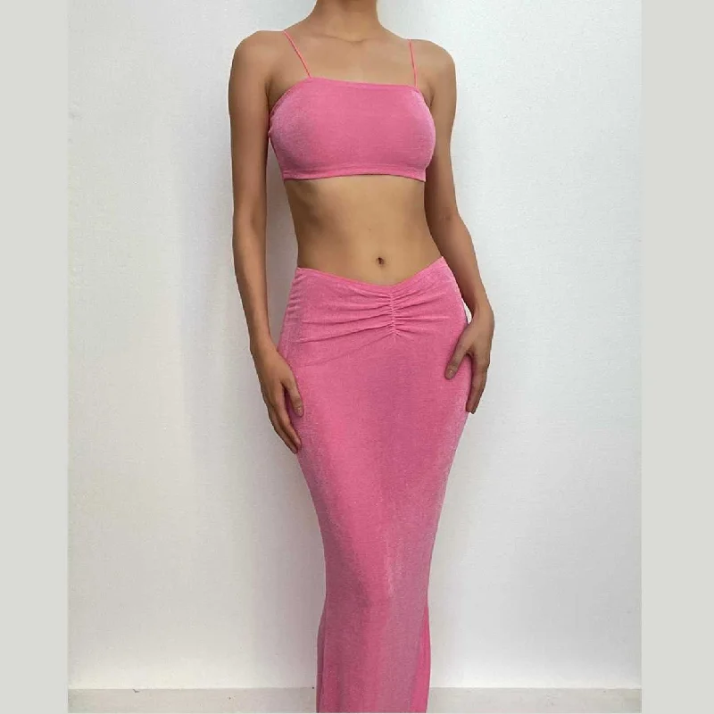 New Styles Just In BerryBetty - Ruched solid spaghetti strap backless square neck cami maxi skirt set