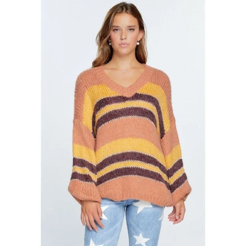 Limited Stock V-neck Cozy Thick Knit Stripe Pullover Sweater