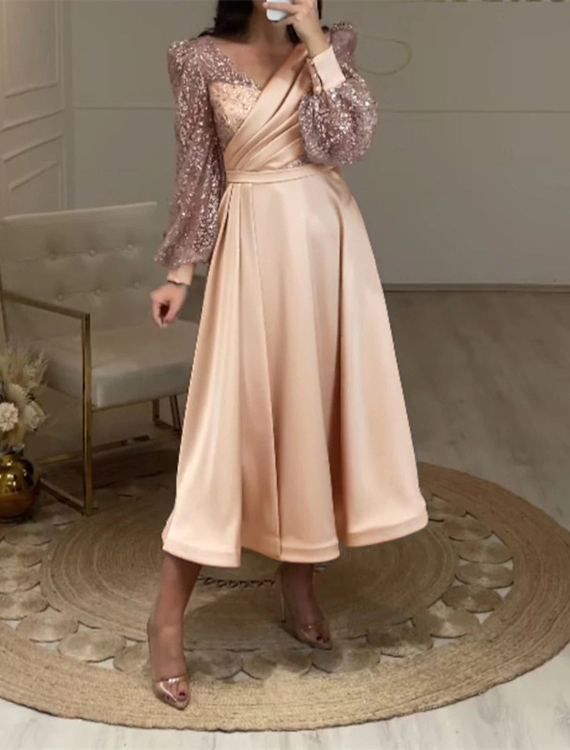 Fashion For Every Occasion A-Line Cocktail Dresses Elegant Dress Party Wear Wedding Guest Tea Length Long Sleeve V Neck Fall Wedding Guest Satin with Ruched