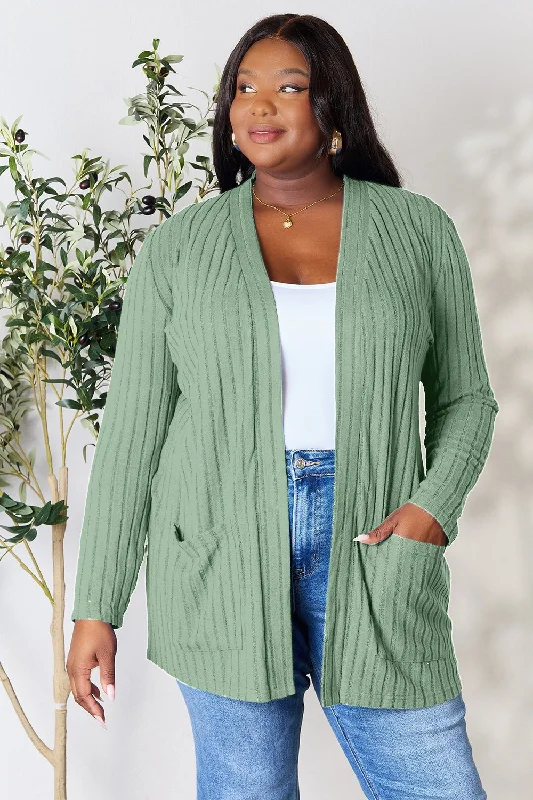 Dreamy Draping Full Size Ribbed Open Front Cardigan with Pockets