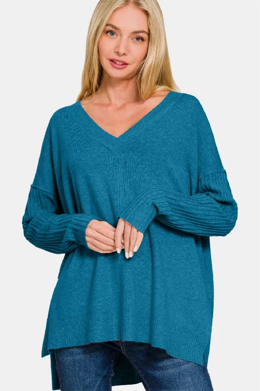 Mid Season Sale V-Neck Side Slit High-Low Sweater