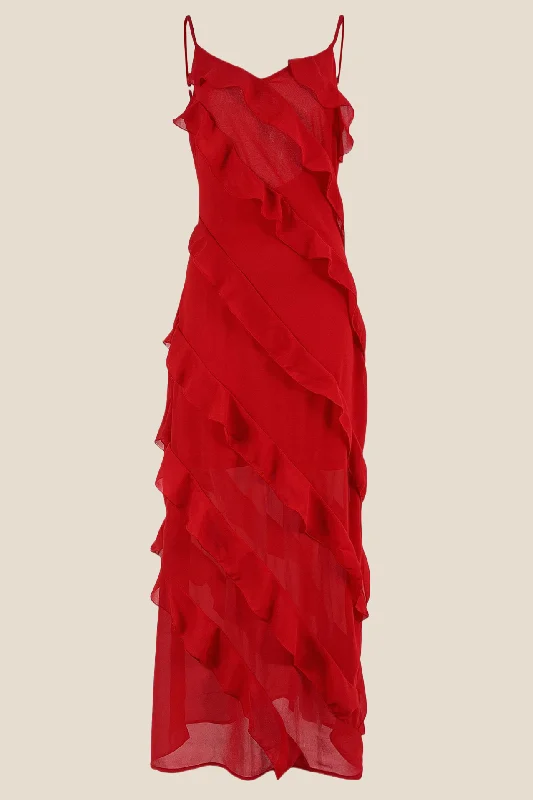 Chic Style Straps Red Ruffle Sheath Long Dress with Slit