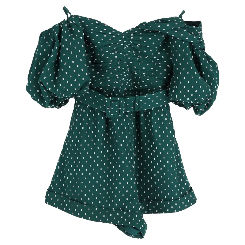 Trend Setting Threads Self-Portrait Polka Dot One-shoulder Belted Fil Coupé Romper in Green Polyester