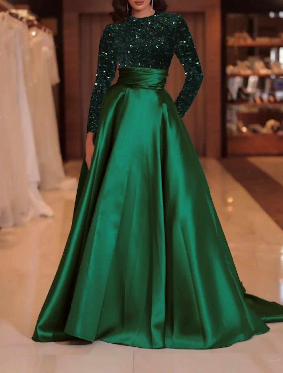 Summer Fashion A-Line Evening Gown Sparkle & Shine Dress Formal Cocktail Party Court Train Long Sleeve High Neck Fall Wedding Guest Satin with Sequin