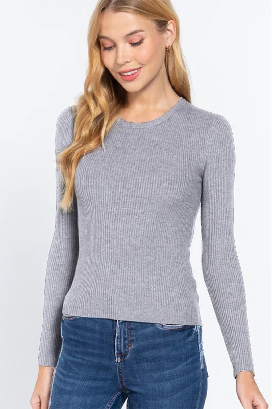 Casual Chic Full Size Ribbed Round Neck Long Sleeve Knit Top