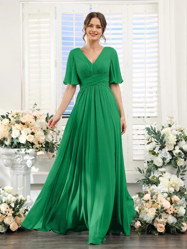 Free Spirited Fashion DingJiDress A-Line Bridesmaid Dress V-Neck Sleeve for Wedding Guest Long Formal Party Dresses with Slit