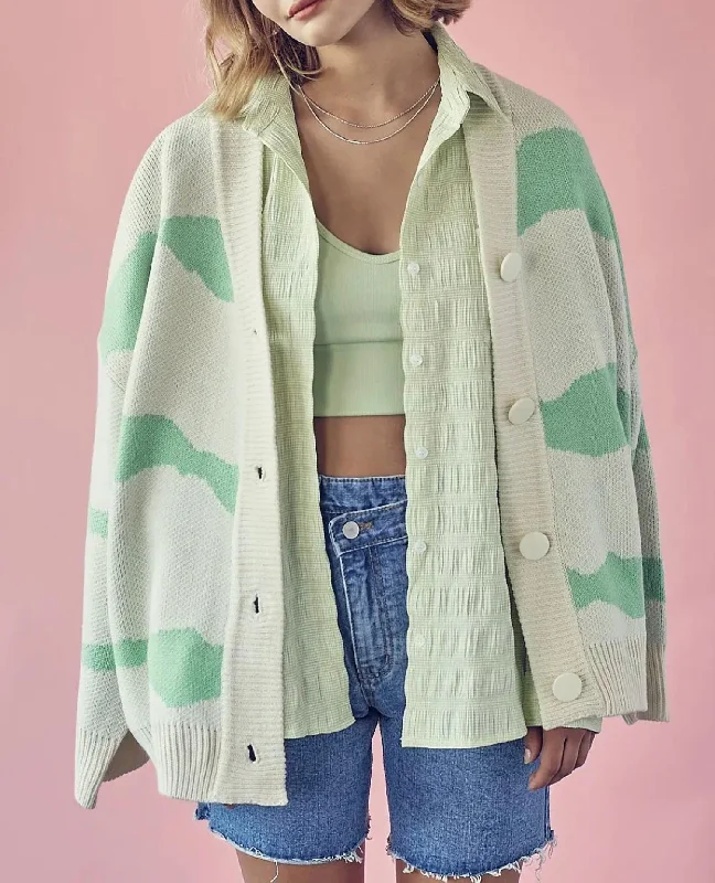 Ends Soon Two-Tone Wavy Stripe Knit Cardigan In Green