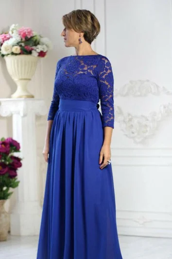 Season Appropriate Women's Collection Bateau Lace 3-4 Sleeve A-line Pleated Chiffon Long Dress