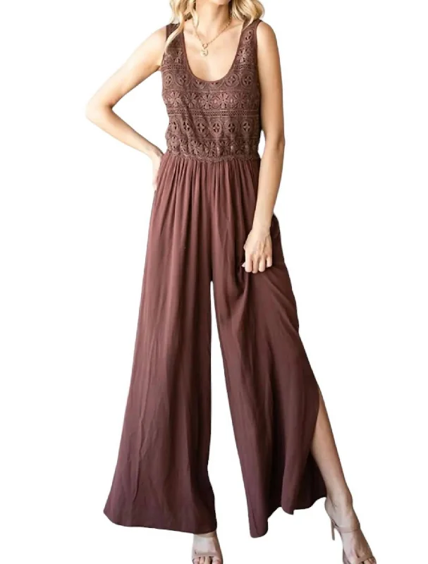 Trendy Clothing Sale Tie Back Sleeveless Slit Wide Leg Jumpsuit In Brown