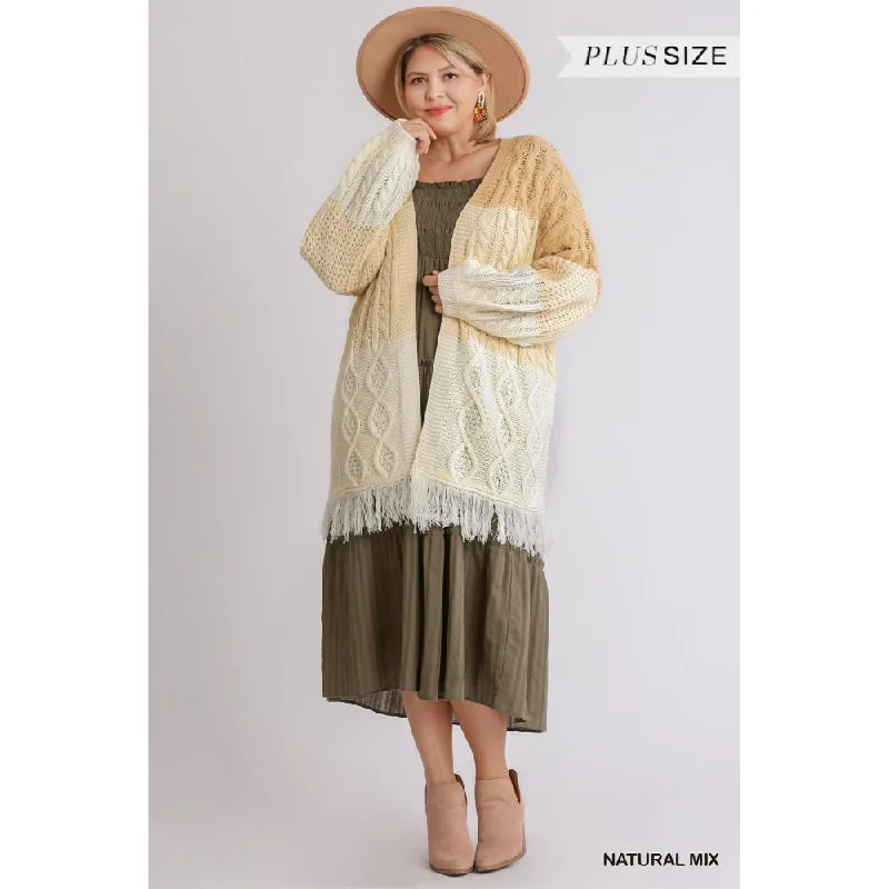 Trend Alert Patchwork Knitted Open Front Cardigan Sweater With Frayed Hem