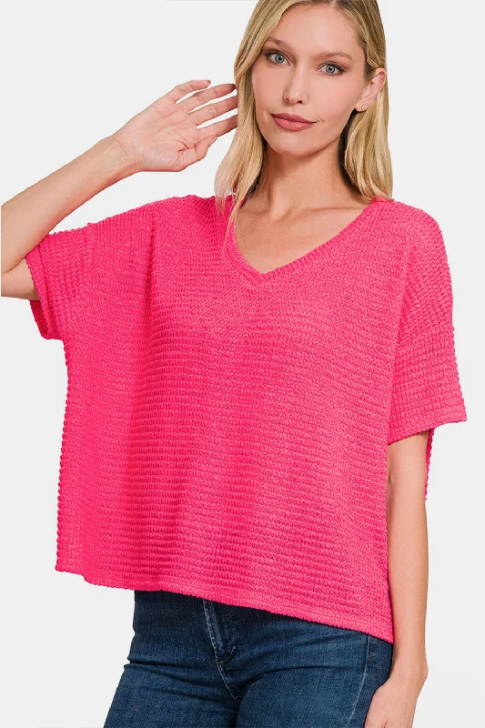 Sophisticated Outfits Drop Shoulder Short Sleeve Jacquard Knit Top