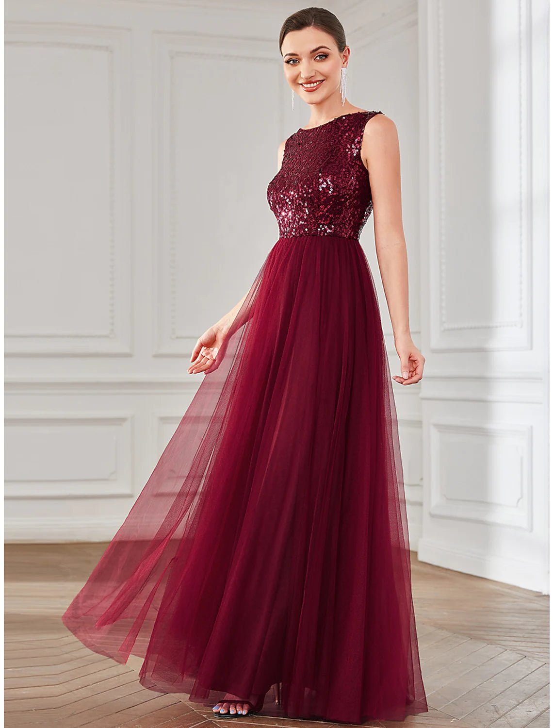 Style Revolution A-Line Party Dresses Elegant Dress Wedding Guest Floor Length Sleeveless Tulle with Sequin