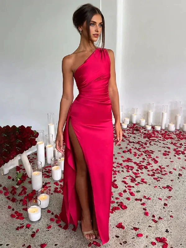 Flash Sale JuliaFashion-Elegant One Shoulder Sleeveless Satin Dress