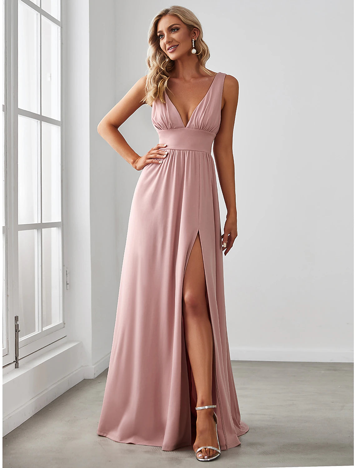 Trendy Fashion Sale A-Line Prom Party Dress High Split Dress Wedding Guest Formal Evening Floor Length Sleeveless V Neck Bridesmaid Dress Chiffon V Back with Slit Pure