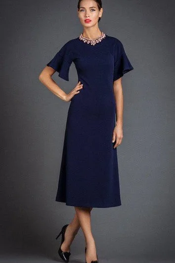 Dive Into Trendy Women's Fashion High Neck Short Bell Sleeve A-line Tea Length Jersey Dress